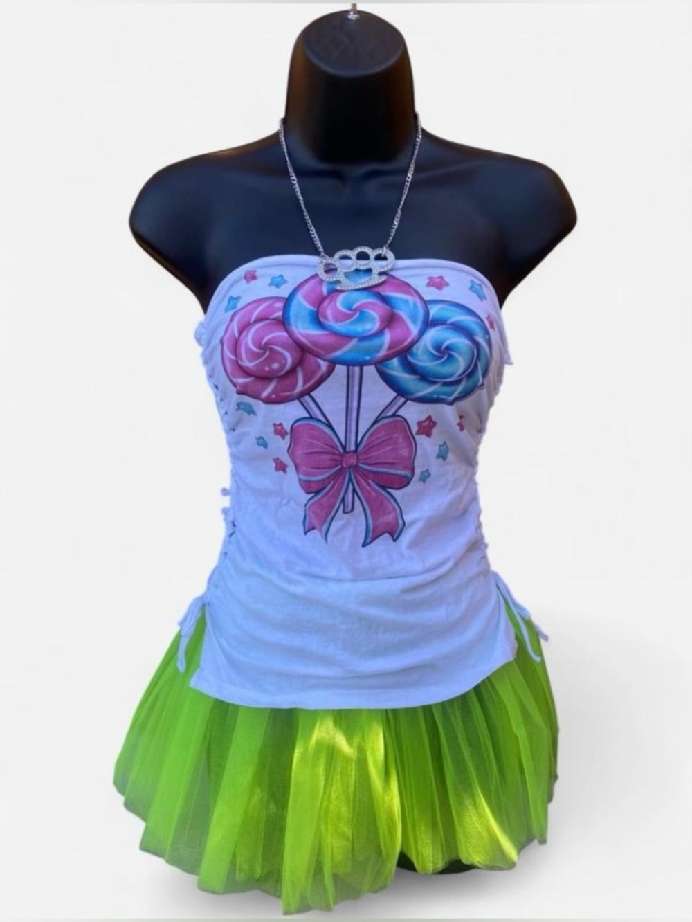 Handmade White Candy Swirls Pink & Blue Lollipop with Bow & Stars Tube Top